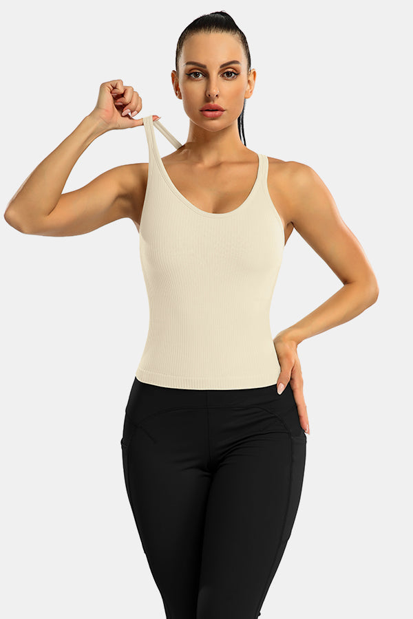 Beige Scoop Neck Racerback Waist Length Ribbed Workout Crop Tops Tank Top