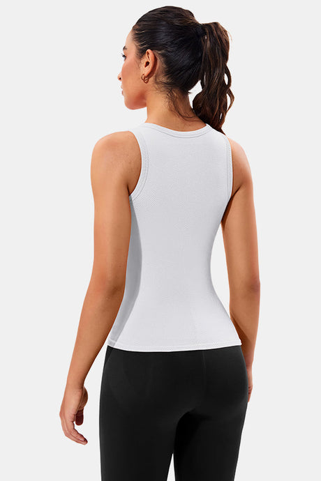 White High Neck Full Back Seamless Tight Fit Ribbed Tank Top