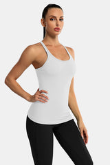 White Racerback Scoop Neck Athletic Top Hip Length Ribbed Workout Tank Tops