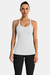 White Racerback Scoop Neck Athletic Top Hip Length Ribbed Workout Tank Tops