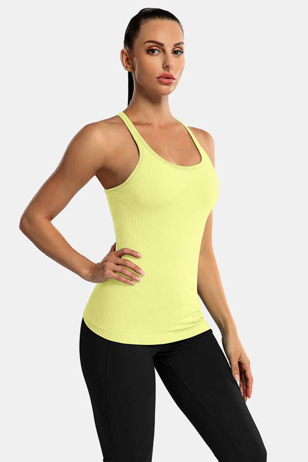 Yellow Racerback Scoop Neck Athletic Top Hip Length Ribbed Workout Tank Tops