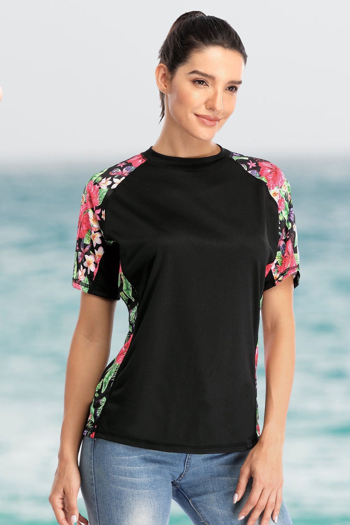 Attraco Women's Floral Upf 50+ Shirt da bagno a manica corta a manica corta