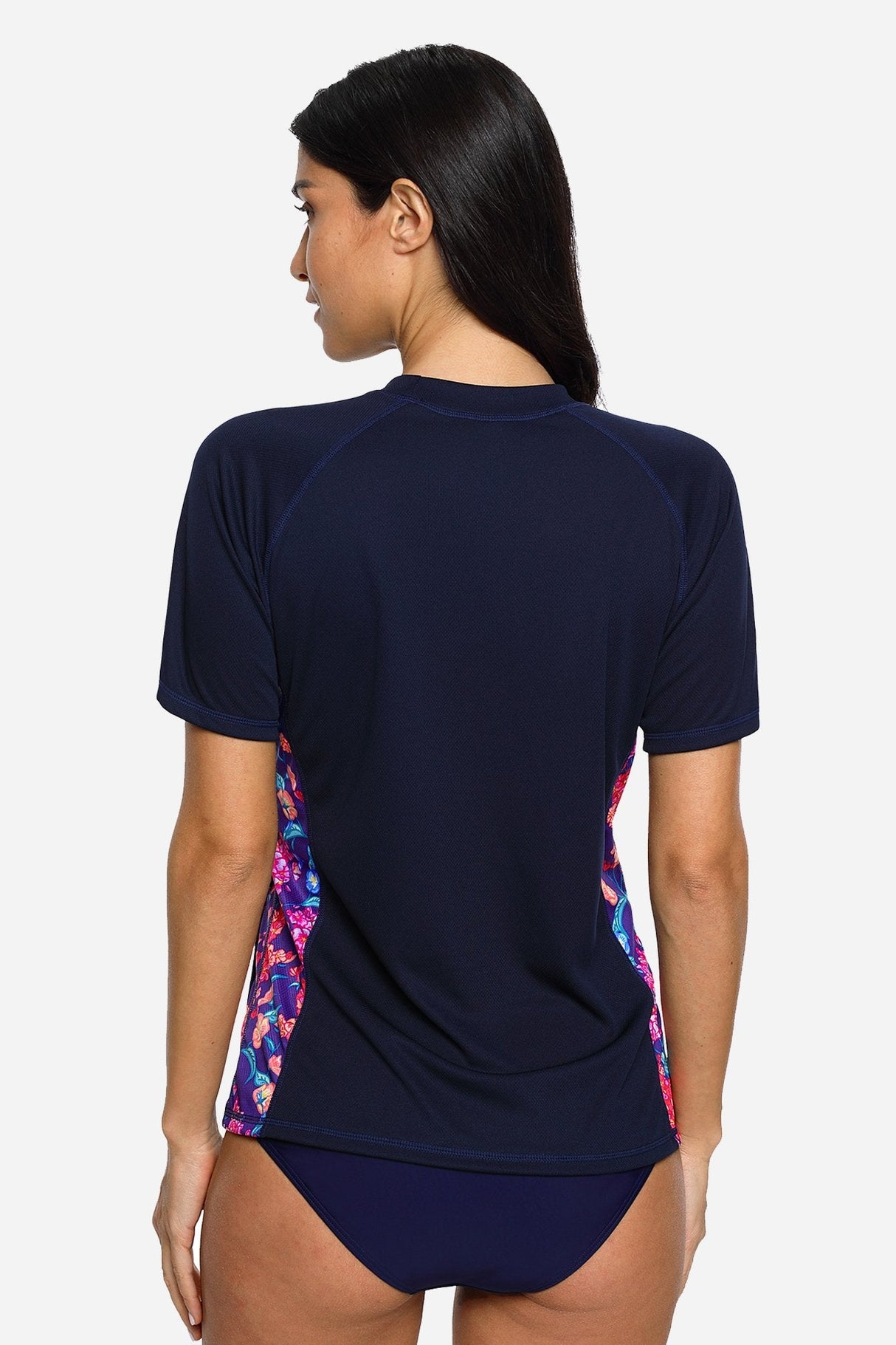 Women's Navy Floral Printed Short Sleeve UPF 50+ Rashguard Swim Shirt-Attraco | Fashion Outdoor Clothing