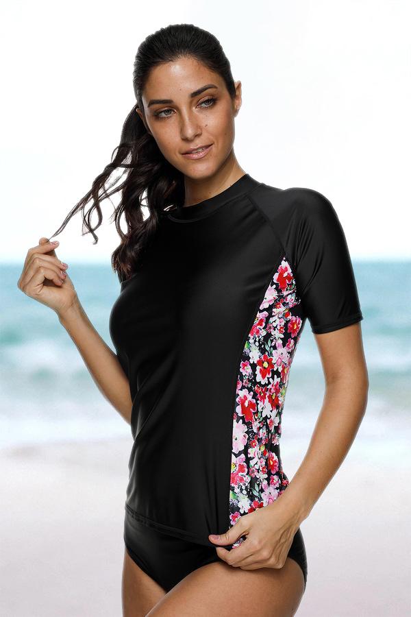 Women Side Printed Short Sleeve UPF 50 Rashguard Swim Shirt Attraco