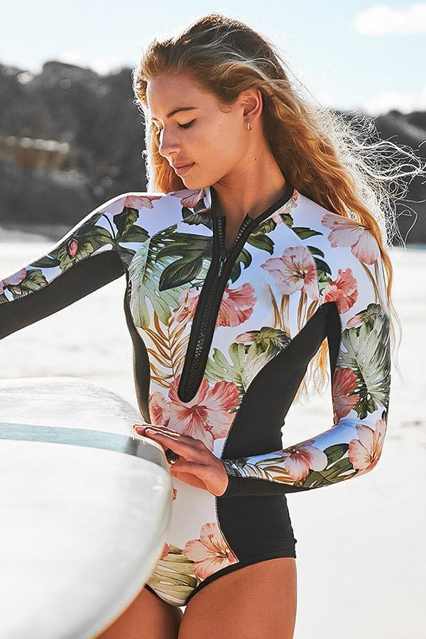 Women's Palm Leaf Print Long Sleeve Zip UPF50+ Rash Guard Attraco