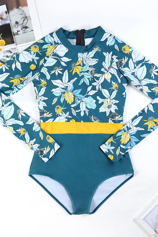 Summer Green Floral Print One-Piece Long Sleeve Back Zip-Up UPF50+ Rash Guard