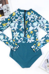 Summer Green Floral Print One-Piece Long Sleeve Back Zip-Up UPF50+ Rash Guard