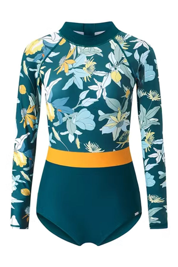 Summer Green Floral Print One-Piece Long Sleeve Back Zip-Up UPF50+ Rash Guard