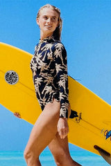 Palm Plant Print Long Sleeve Surfing Suit Zip-Up UPF50+ Rash Guard