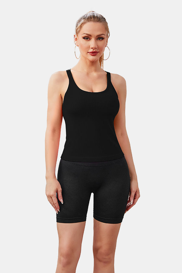 Black Racerback Scoop Neck Athletic Top Hip Length Ribbed Workout Tank Tops