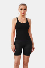 Black Scoop Neck Racerback Waist Length Ribbed Workout Crop Tops Tank Top