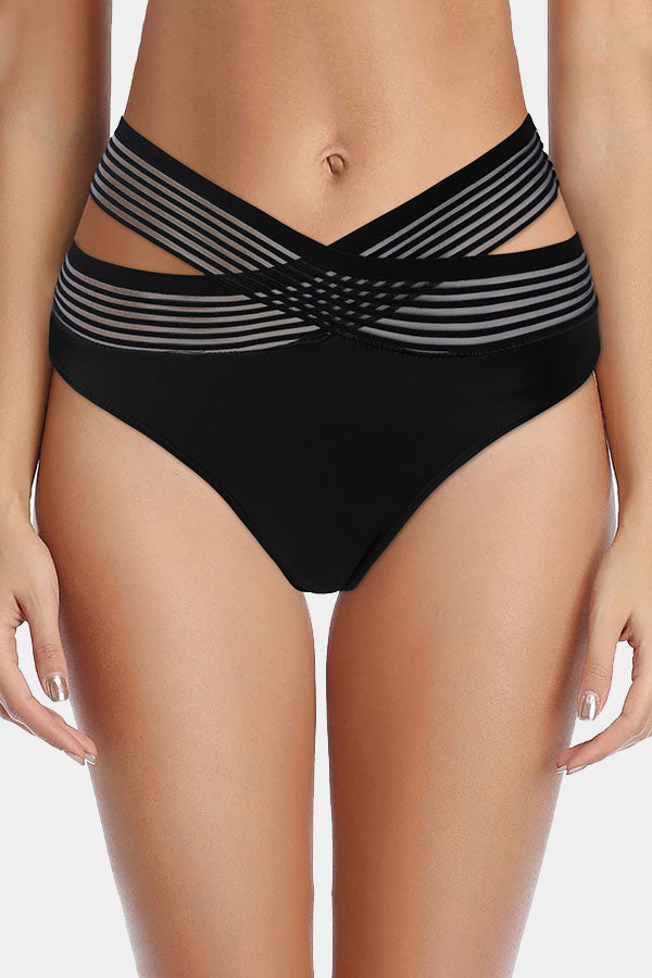 Schwarzer schwarzer Kreuzskross -Mesh mit hoher Taille Bikini Bikini Swim Boden