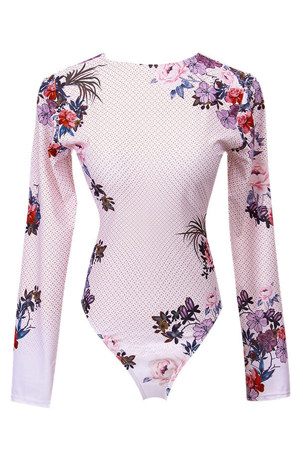 Floral Print Polka Dots Zip Long Sleeve UPF50+ Rash Guard