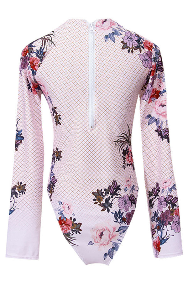 Floral Print Polka Dots Zip Long Sleeve UPF50+ Rash Guard