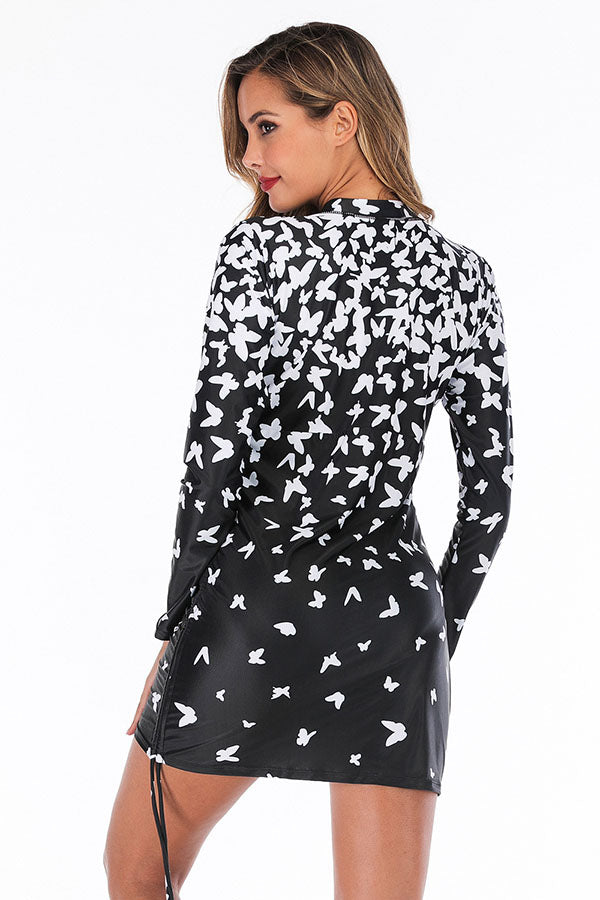 Butterfly Print Drawstring Zip Long Sleeve UPF50+ Rash Guard-Attraco | Fashion Outdoor Clothing