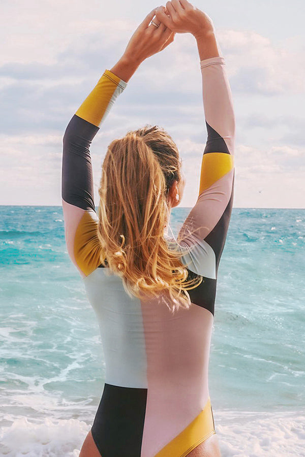 skpabo Womens One Piece Rash Guard Zip Up Swimsuit Long Sleeve
