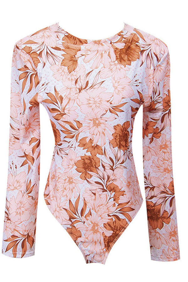 Love-filled Floral Print Zip Long Sleeve UPF50+ Rash Guard
