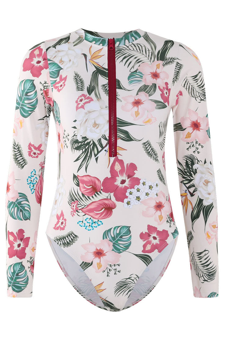 Sweety Pink Floral Zip Long Sleeve UPF50+ Rash Guard