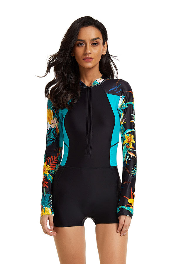 Tropical Floral Boyleg Zip Long Sleeve UPF50+ Rash Guard-Attraco | Fashion Outdoor Clothing
