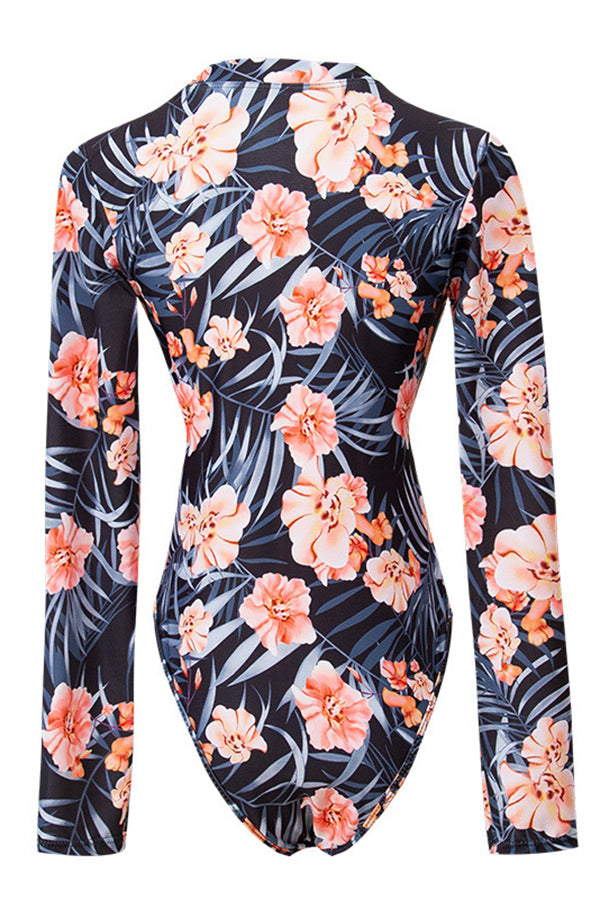 Floral Print Long Sleeve Front Zip UPF50+ Rash Guard