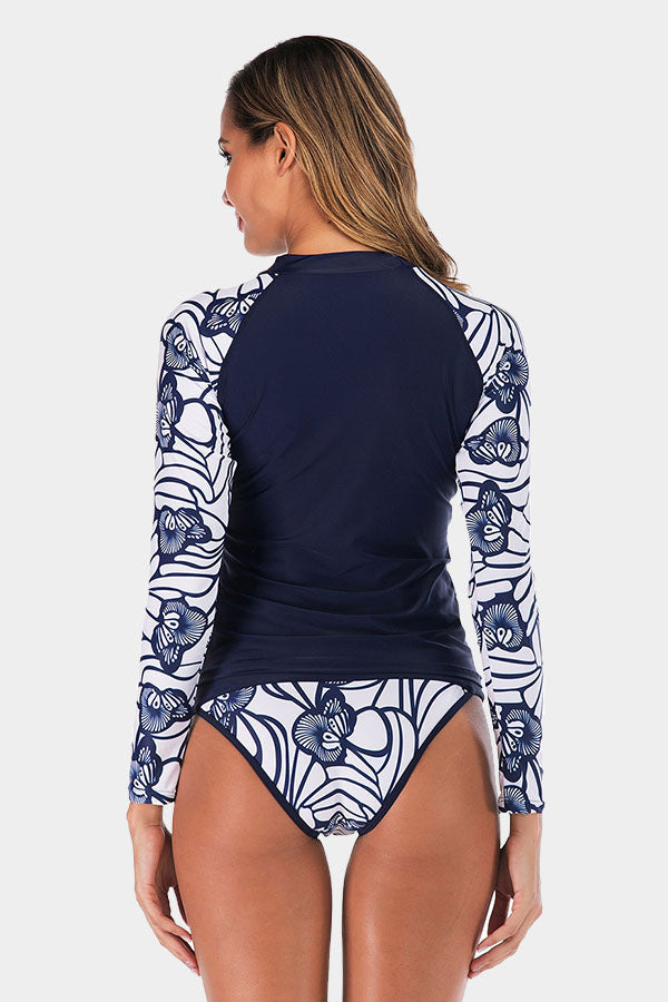 Blue Floral & Solid Split Long Sleeve UPF50+ Rash Guard-Attraco | Fashion Outdoor Clothing