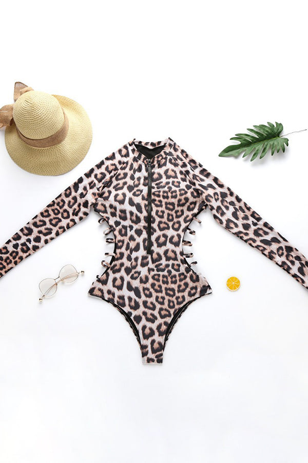 Leopard Cut Out Long Sleeve Zip UPF 50+ Rash Guard-Attraco | Fashion Outdoor Clothing