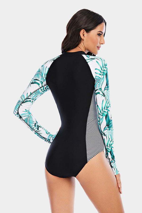 Tropical & Stripe Print Zip Long Sleeve UPF 50+ Rash Guard-Attraco | Fashion Outdoor Clothing