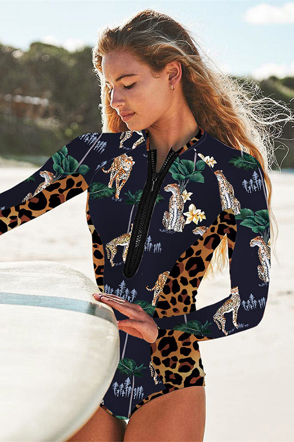 Women's Leopard Print Long Sleeve Half Zip UPF50+ Rash Guard