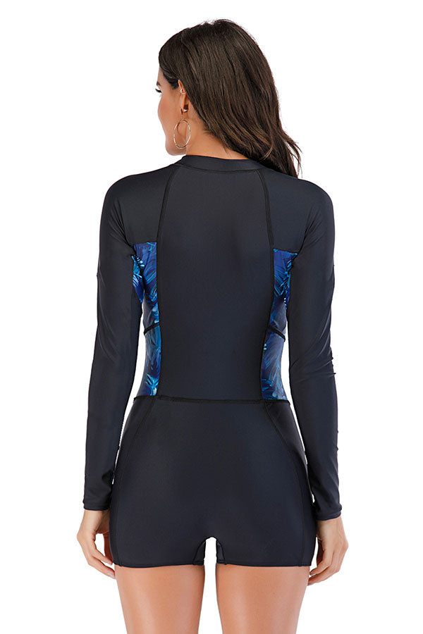 Blue Floral Panel Boyleg Zip UPF50+ Rash Guard-Attraco | Fashion Outdoor Clothing