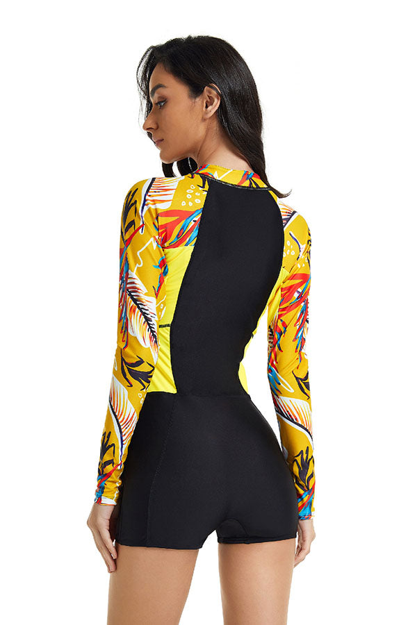 Yellow Printed Half Zip Long Sleeve UPF50+ Rash Guard-Attraco | Fashion Outdoor Clothing