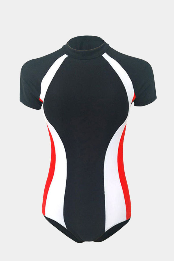 Colorblock Short Sleeve Zip One Piece Sport Swimsuit