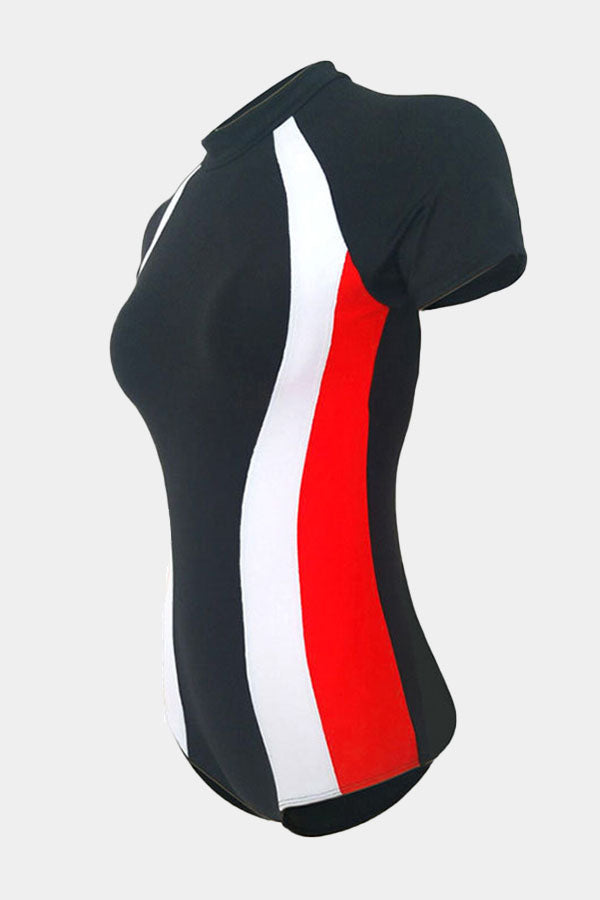 Stripe Zip Front Short Sleeve Bikini Top