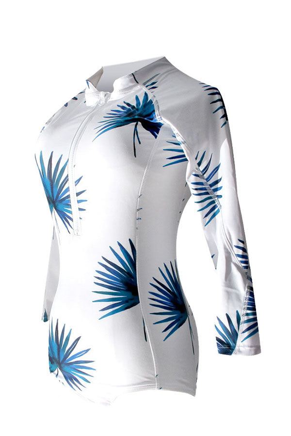 Blue Palm Leaf Half Zip Long Sleeve UPF50+ Rash Guard-Attraco | Fashion Outdoor Clothing