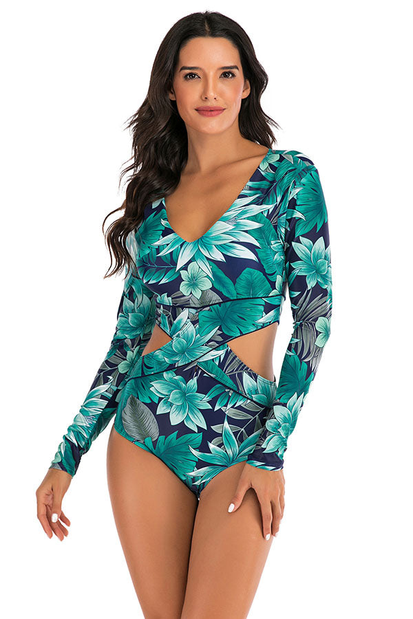Allover Floral Cut Out Long Sleeve Zip UPF50+ Rash Guard-Attraco | Fashion Outdoor Clothing