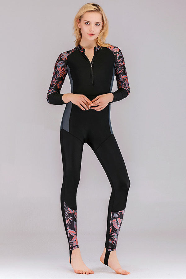 Quick-drying UPF50+Tropical Floral Print Front Zip Fullsuit Wetsuit