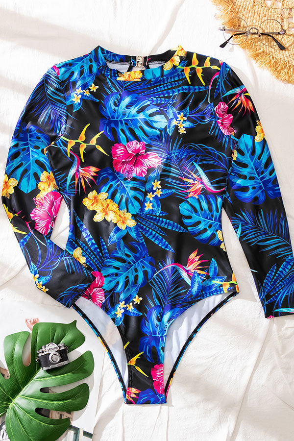 Blue Tropical Cut Out Long Sleeve UPF50+ Rash Guard-Attraco | Fashion Outdoor Clothing