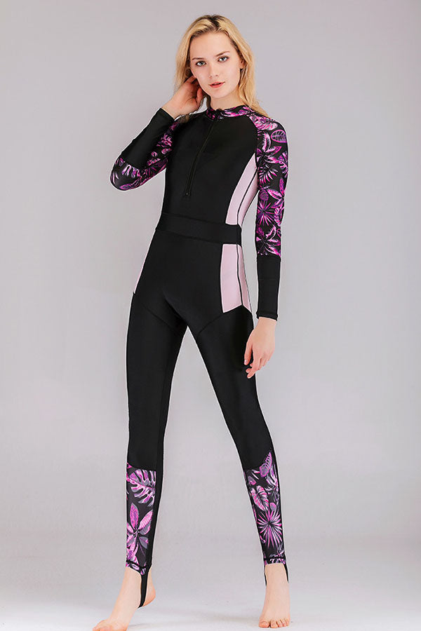 Quick-drying UPF50+Tropical Floral Print Front Zip Fullsuit Wetsuit