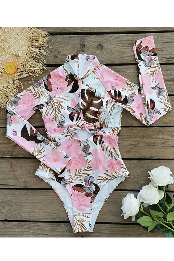 Pink Floral Cut Out Long Sleeve UPF 50+ Rash Guard