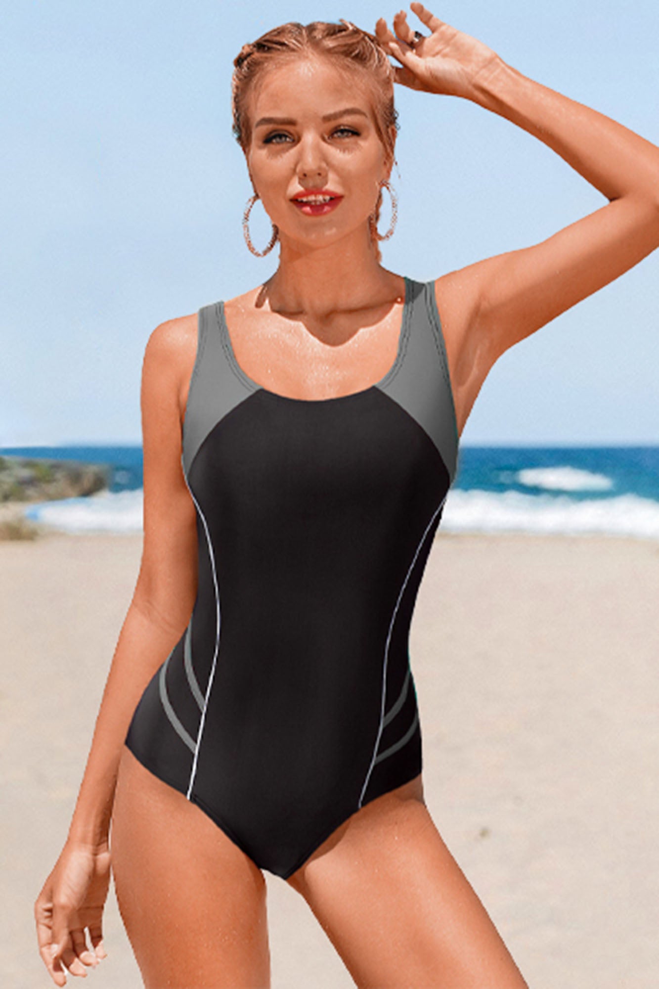 Attraco Grey Women's Colorblock Slimming One Piece Swimsuit-Attraco | Fashion Outdoor Clothing