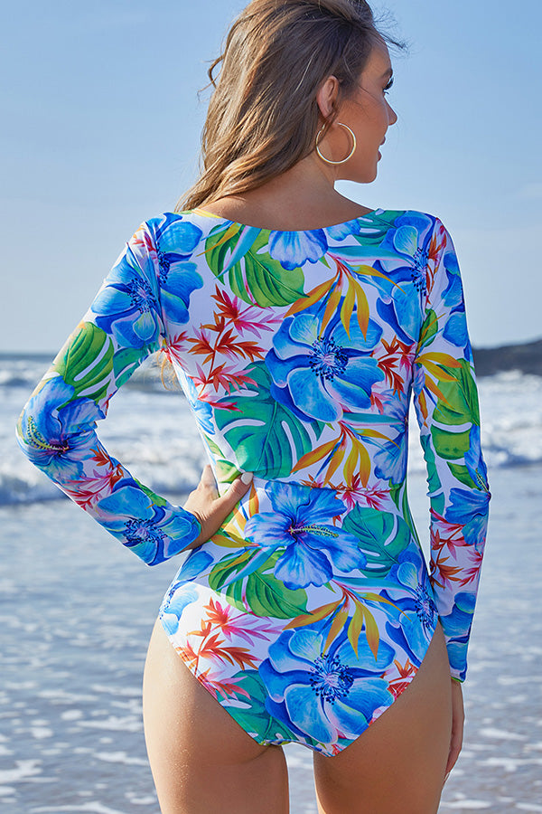 Floral Print Ring Linked Cut Out One Piece Rash Guard