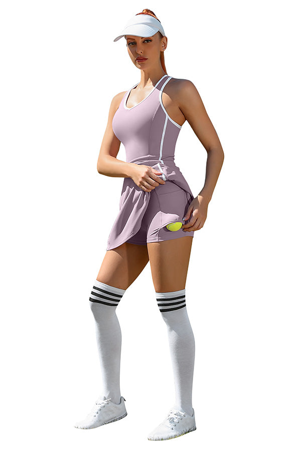Women's Tennis Dress with Shorts Pockets and Bra V Neck Racerback Golf Outfits