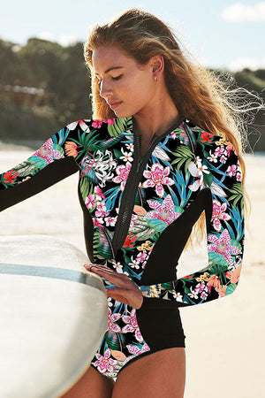 Women's Floral Print Long Sleeve Front Zip UPF50+ Rash Guard |Attraco