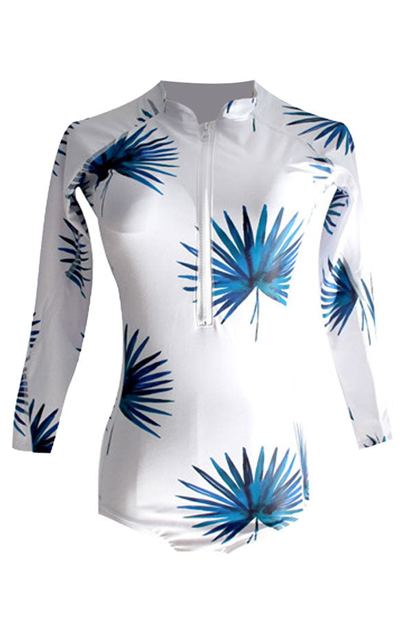 Blue Palm Leaf Half Zip Long Sleeve UPF50+ Rash Guard-Attraco | Fashion Outdoor Clothing