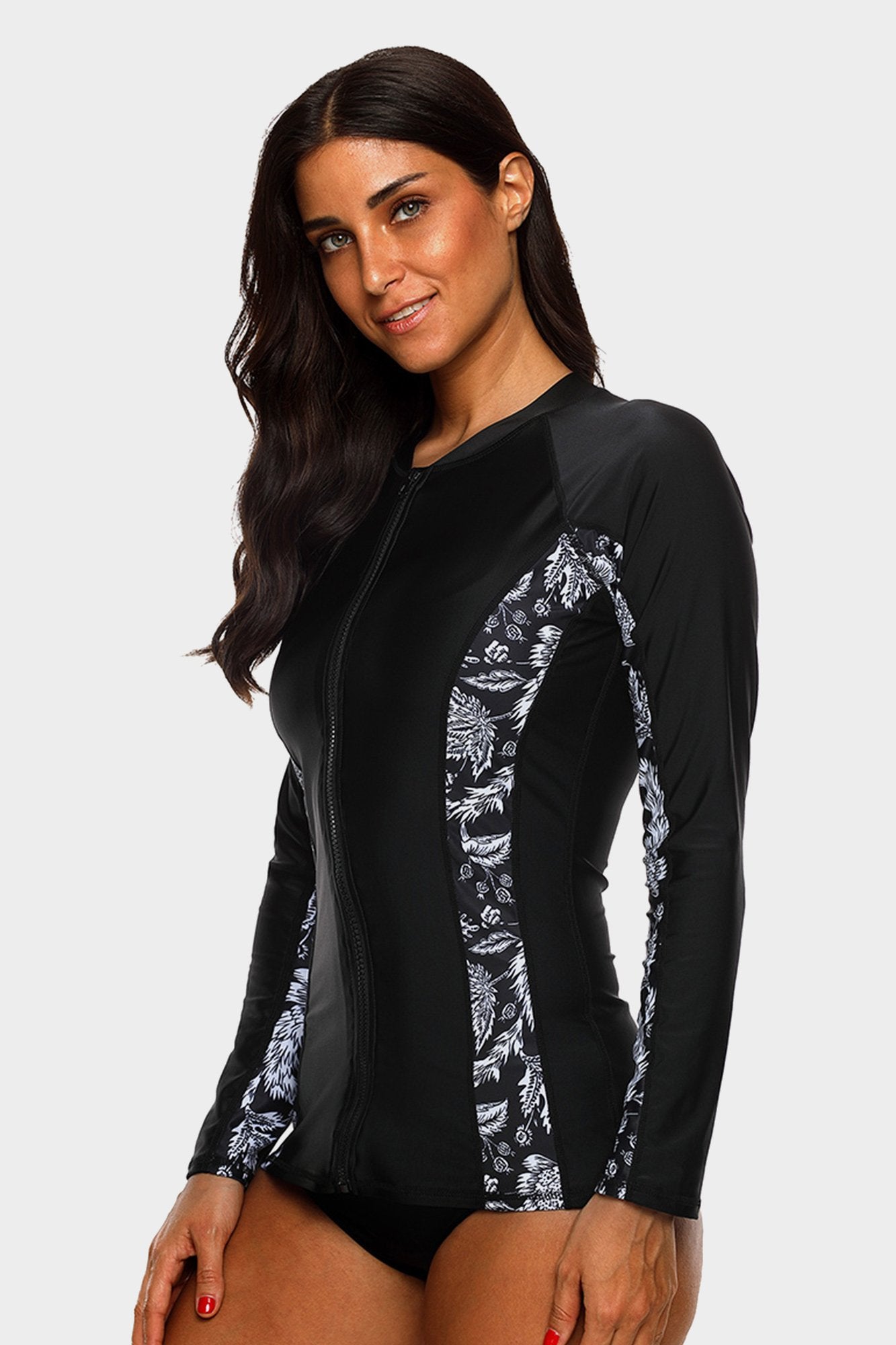 Attraco Black Women's Floral Printed Zip Long Sleeve UPF 50+ Rash Guard-Attraco | Fashion Outdoor Clothing