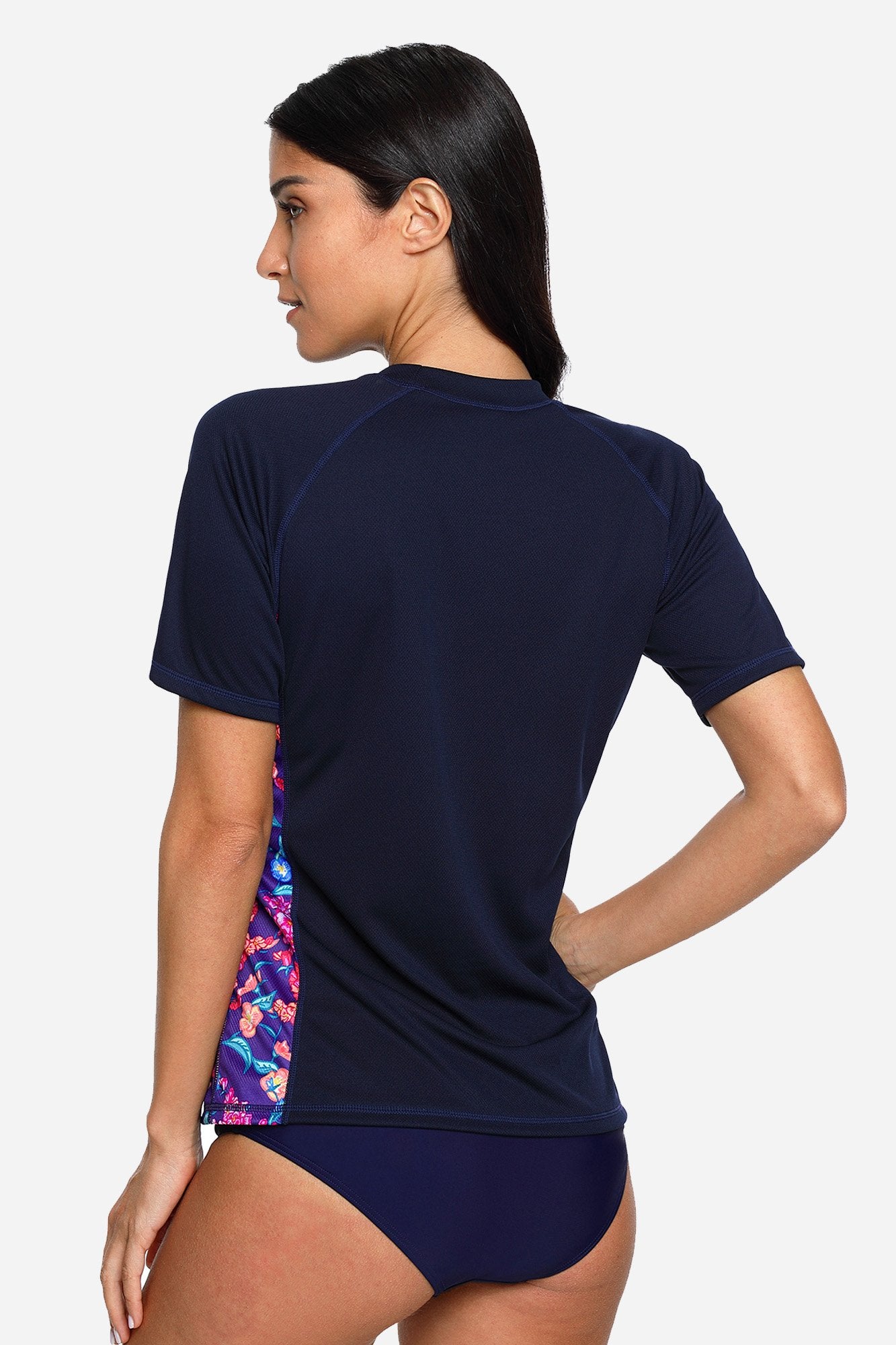 Women's Navy Floral Printed Short Sleeve UPF 50+ Rashguard Swim Shirt