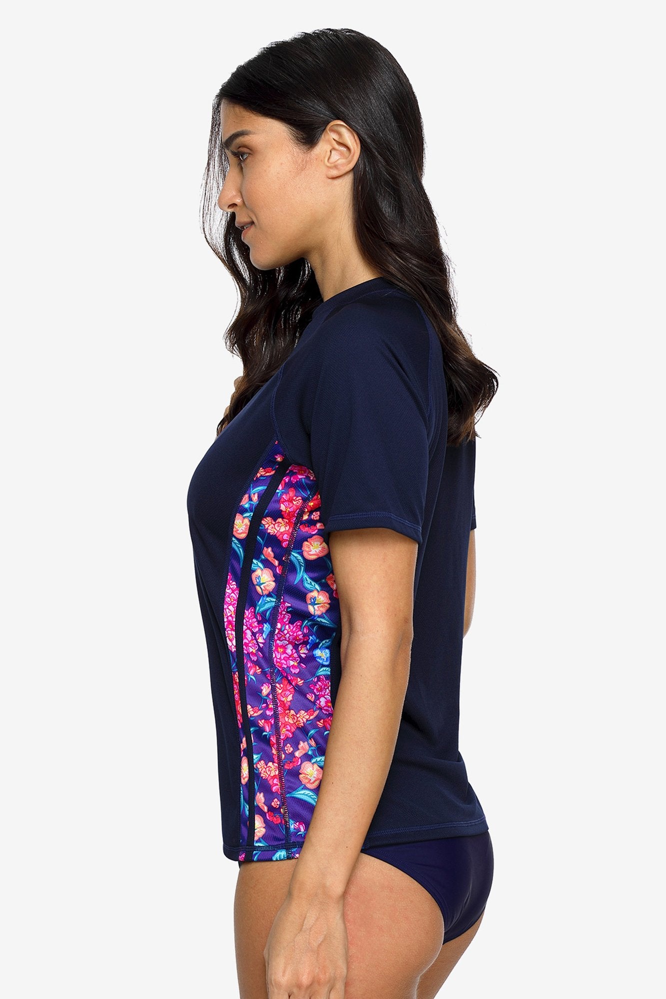 Women's Navy Floral Printed Short Sleeve UPF 50+ Rashguard Swim Shirt-Attraco | Fashion Outdoor Clothing