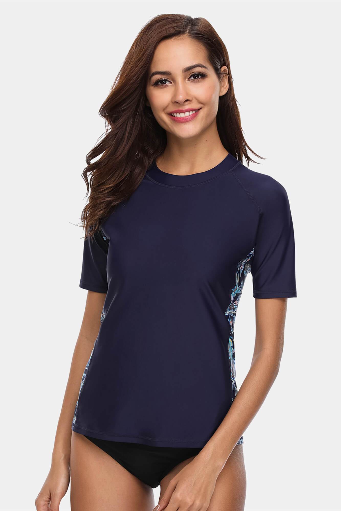 Women's Blue Printed Short Sleeve UPF 50+ Rash Guard Swim Shirt-Attraco | Fashion Outdoor Clothing