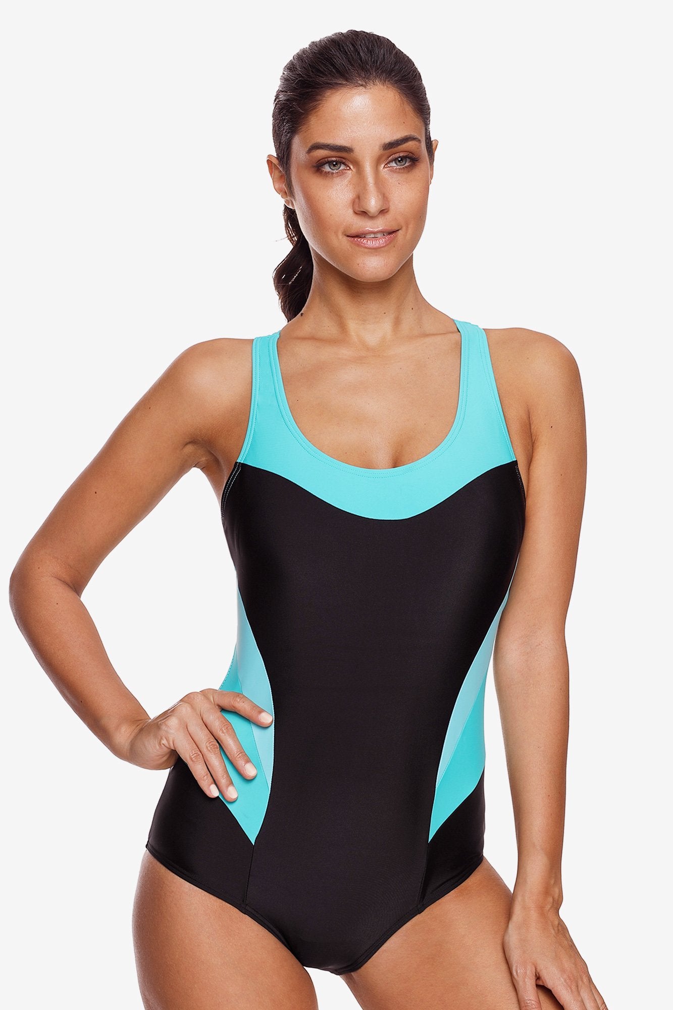 Attraco Women Aqua Color Block Racerback Athletic Swimsuit-Attraco | Fashion Outdoor Clothing