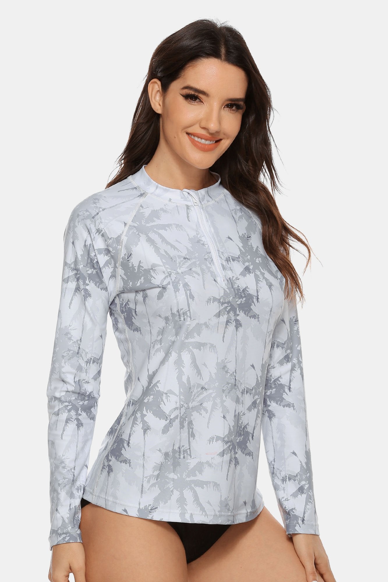 Women's White Leaf Print Quarter Zip UPF 50+ Long Sleeve Rash Guard-Attraco | Fashion Outdoor Clothing