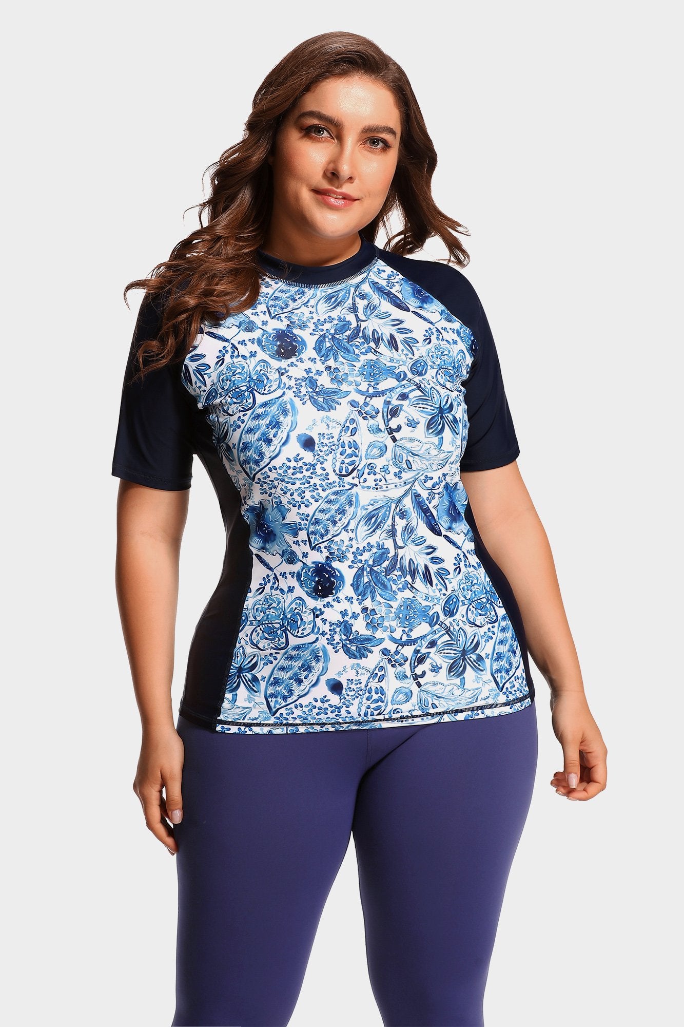 Women's Plus Size Floral Print Short Sleeve UPF 50+ Rash Guard-Attraco | Fashion Outdoor Clothing